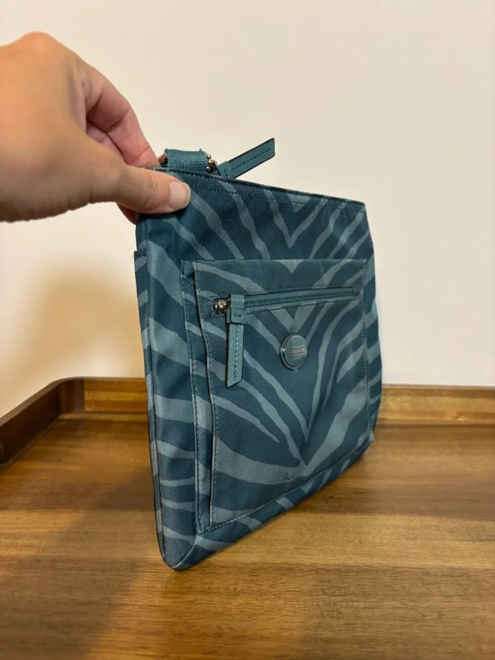 Coach Getaway Teal Zebra Print Nylon File Crossbody Bag